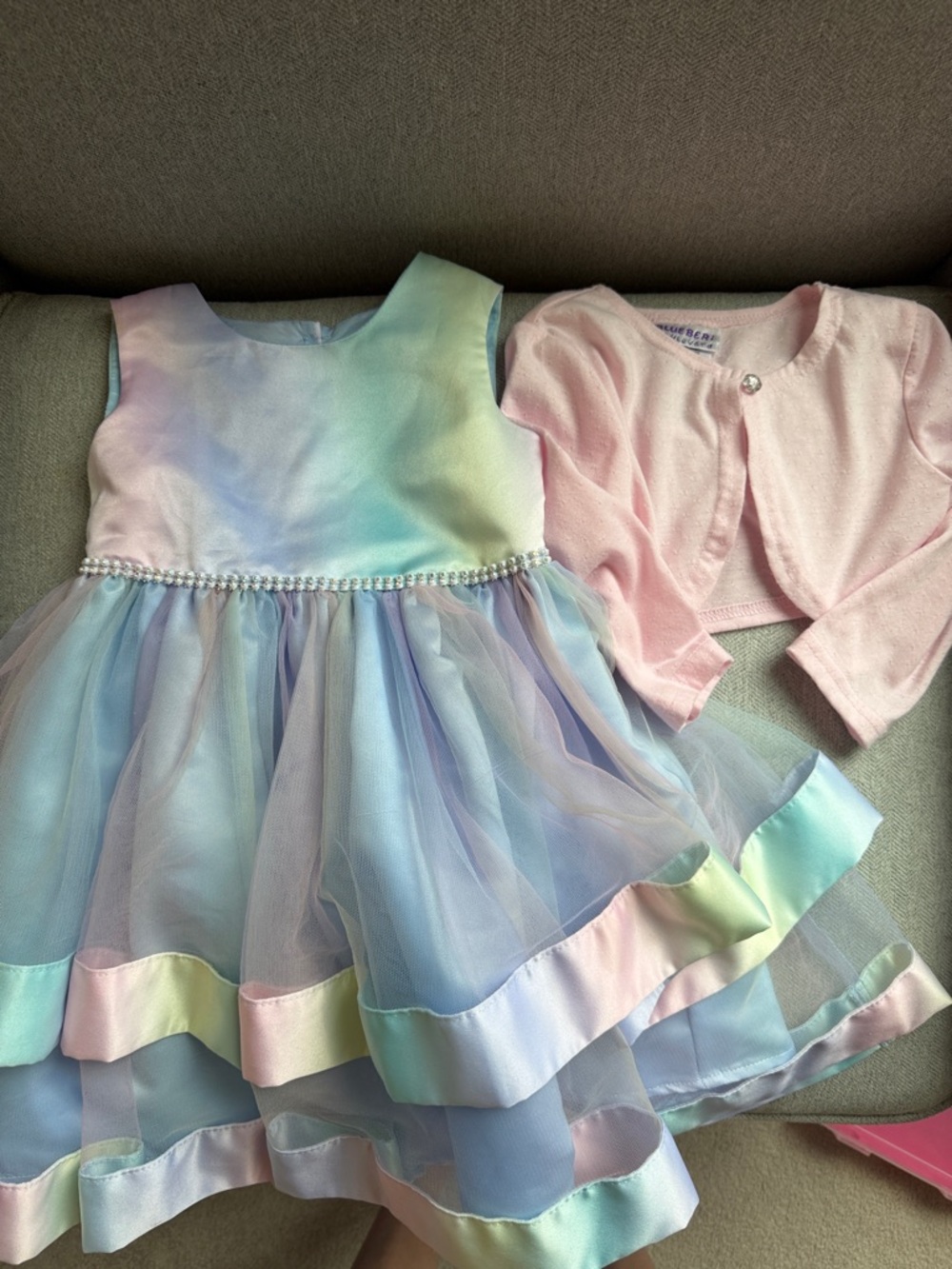 3t EUC Blueberi Boulevard Pastel Rainbow Tulle Dress w/ Pink Bolero Rhinestones